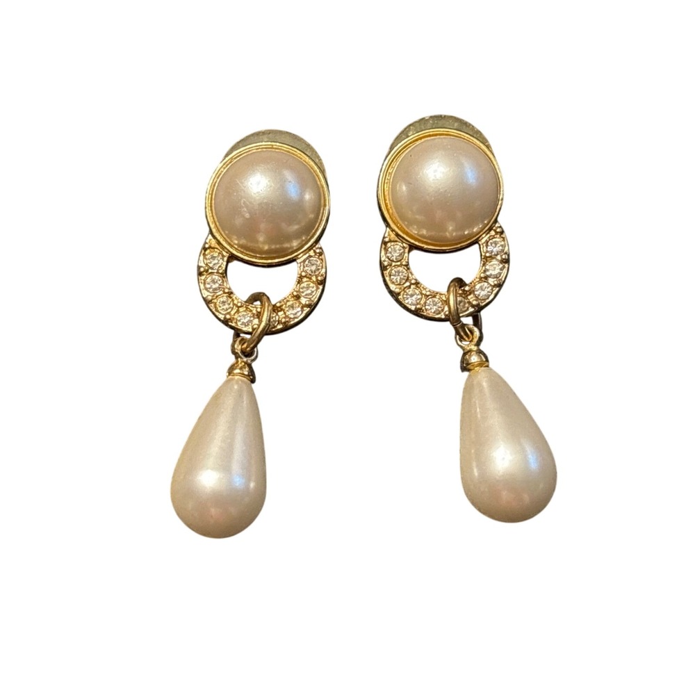 Pearl Rhinestone Drop Earrings Gold Tone Dangle Elegant Statement‎ Jewelry